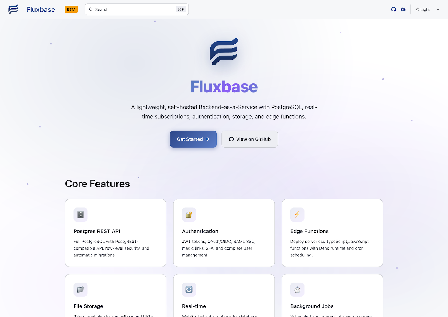Fluxbase documentation homepage showing features