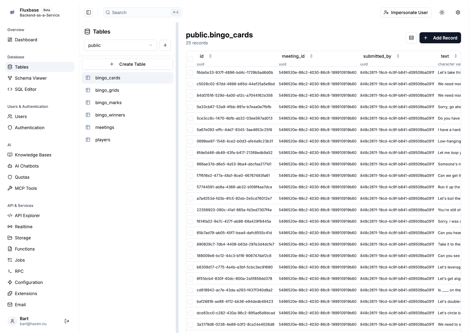 Fluxbase tables view