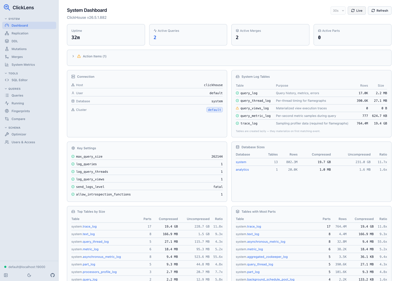System dashboard showing uptime, active queries, database sizes, top tables, and system metrics