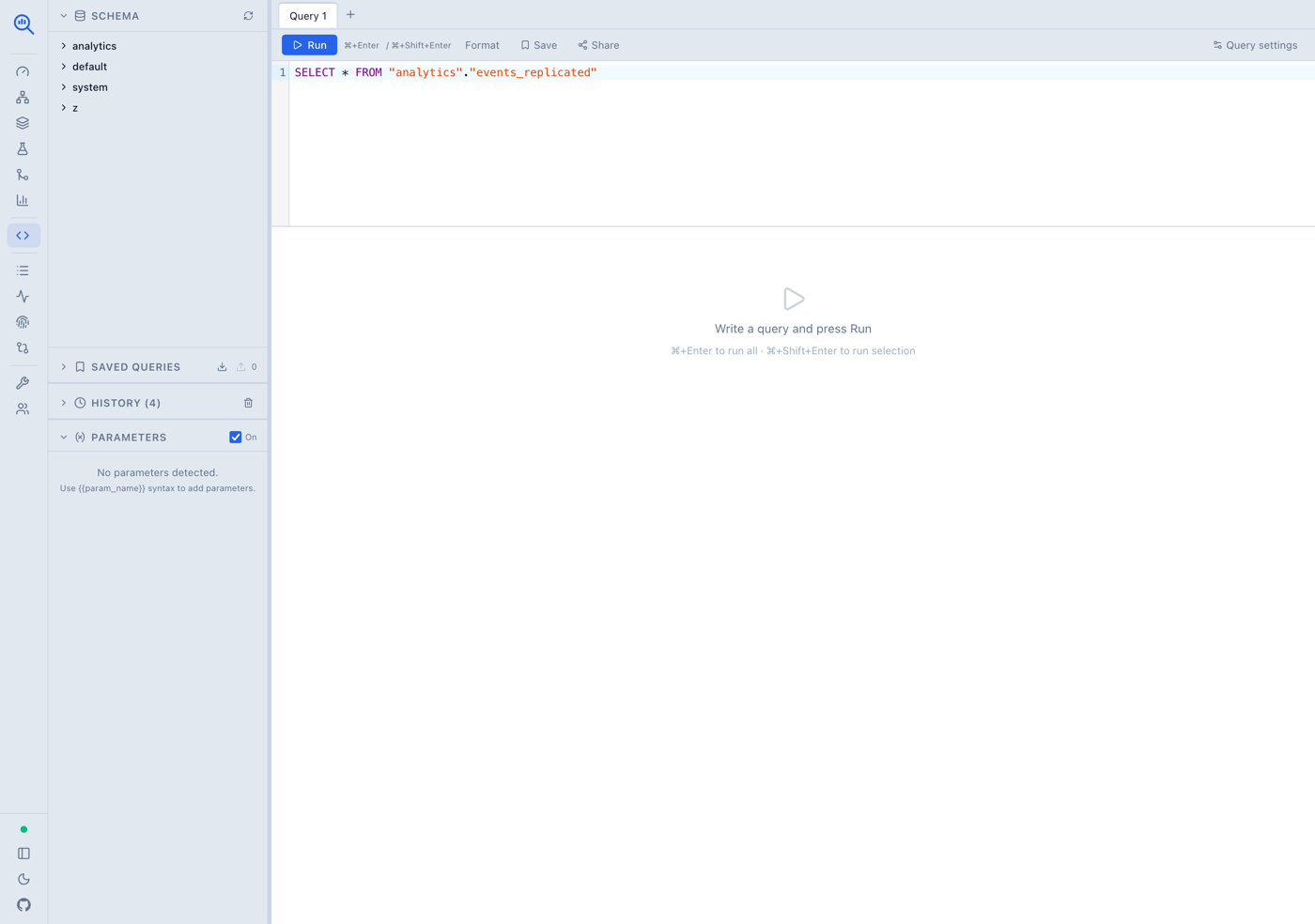 SQL editor with CodeMirror, schema browser sidebar, and parameterized query support