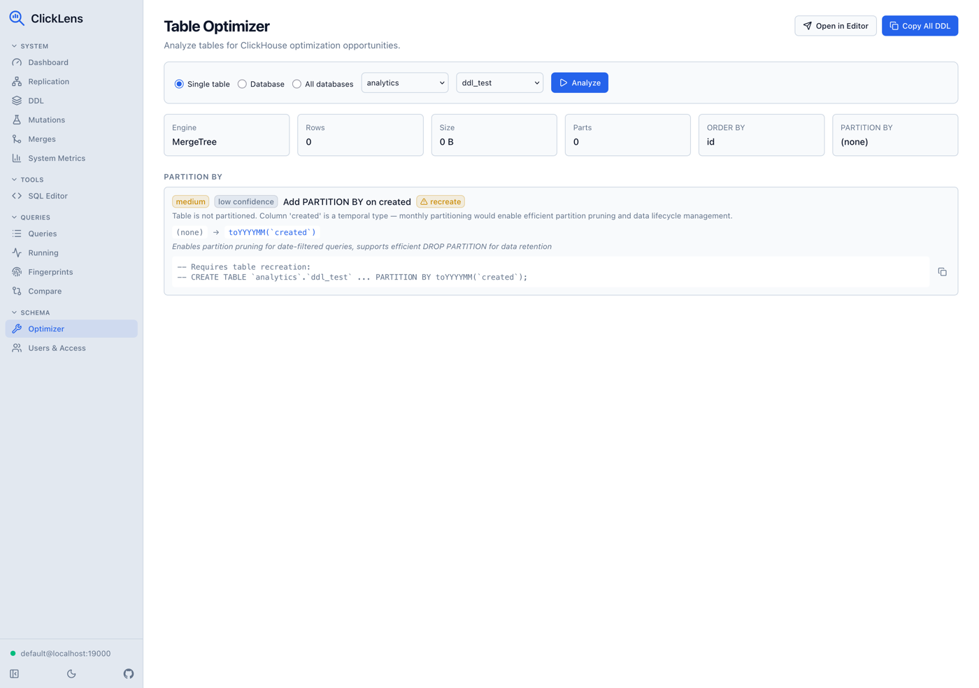 Table optimizer showing recommendations with severity, confidence, and DDL statements
