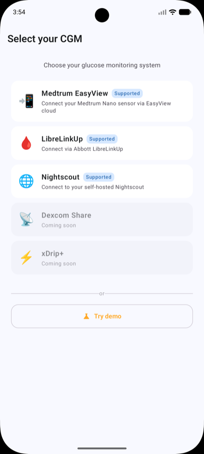 GlucoseSync provider-selector met beschikbare CGM-databronnen